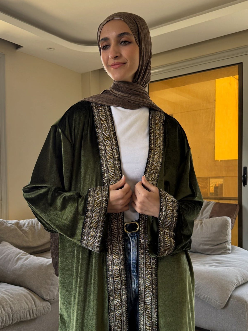 Bareeq Kaftan in  Olive green