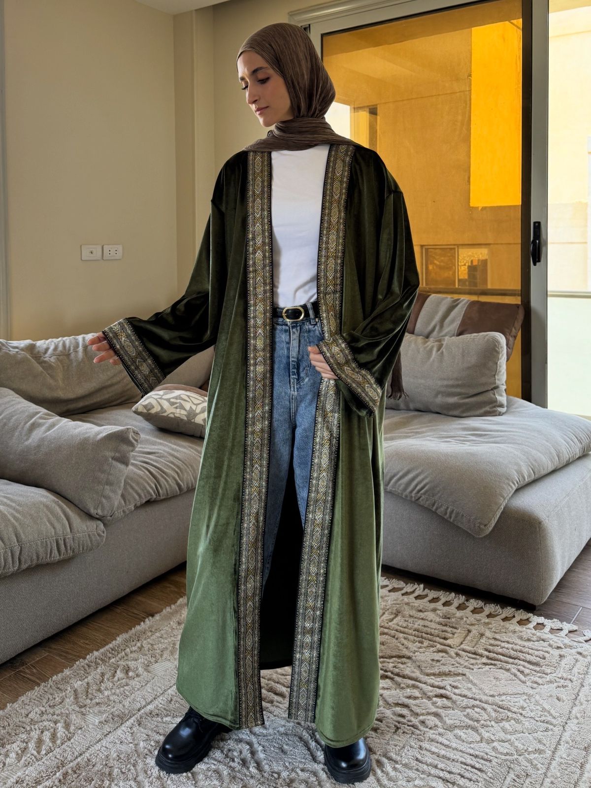 Bareeq Kaftan in  Olive green